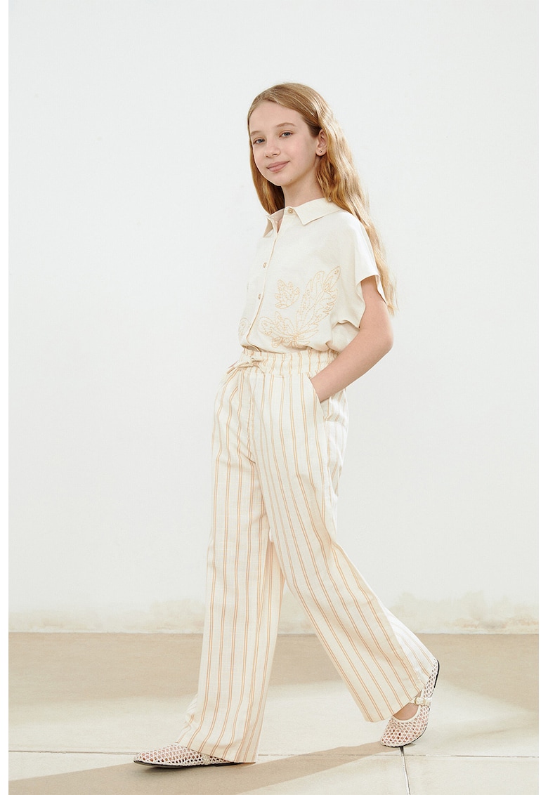 Pantaloni de bumbac cu dungi si snur - Piersica/Crem