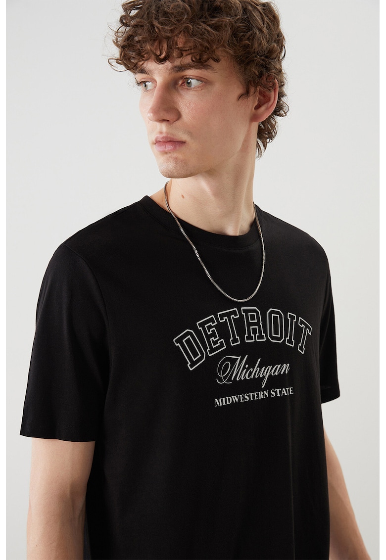 Tricou de bumbac cu imprimeu text - Negru