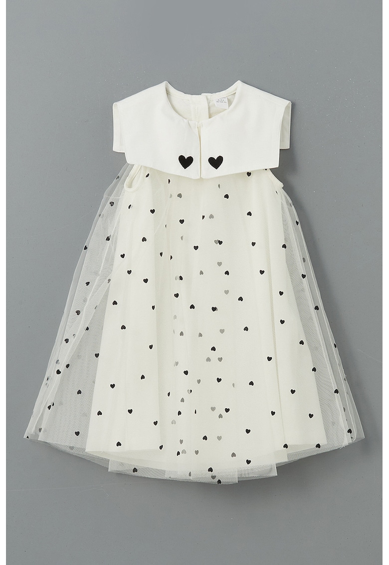Rochie cu tul si imprimeu si inimi - Alb/Negru