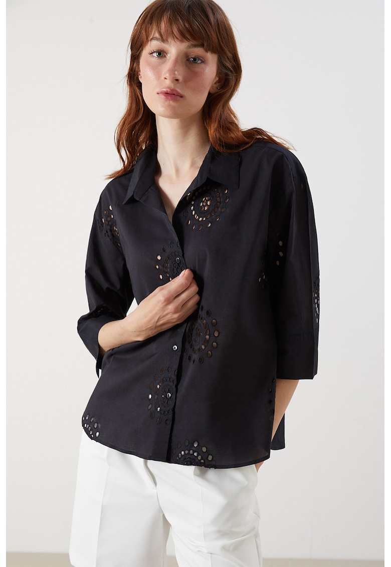 Camasa de bumbac cu broderie Sangallo - Negru