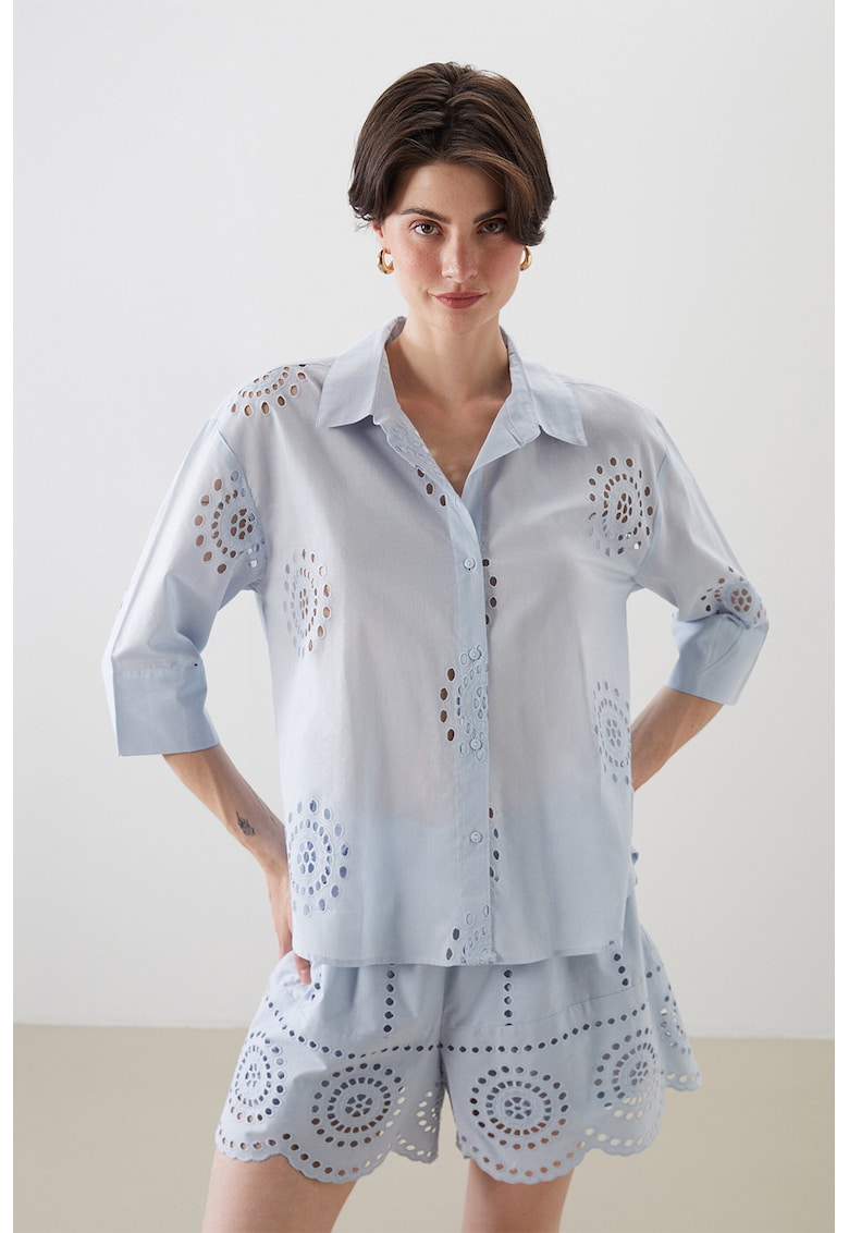 Camasa de bumbac cu broderie Sangallo - Albastru deschis