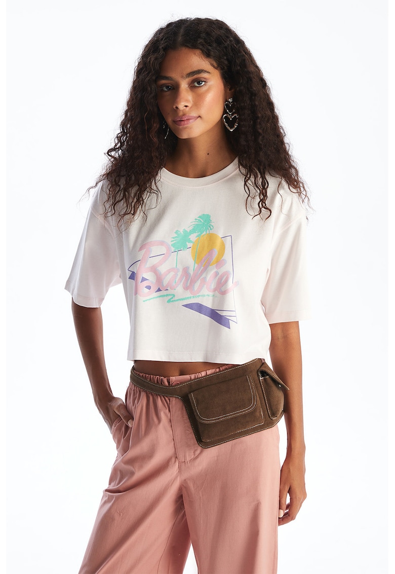 Tricou crop de bumbac Barbie - Roz pastel