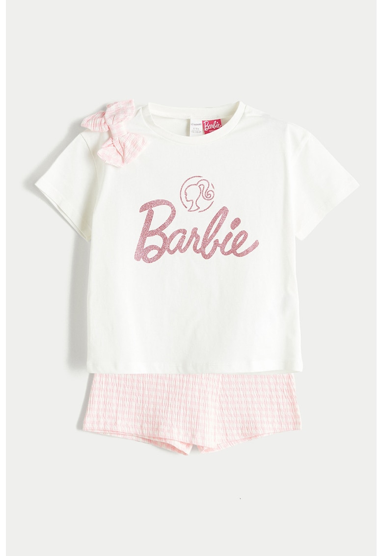 Set de tricou cu imprimeu Barbie si fusta-pantalon mini in carouri - 2 piese - Alb/Roz aprins
