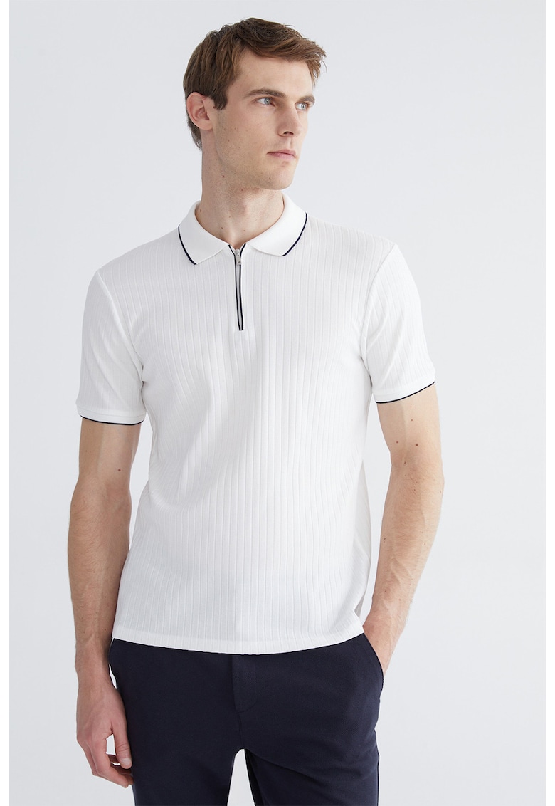 Tricou polo cu fenta cu fermoar - Negru/Alb murdar