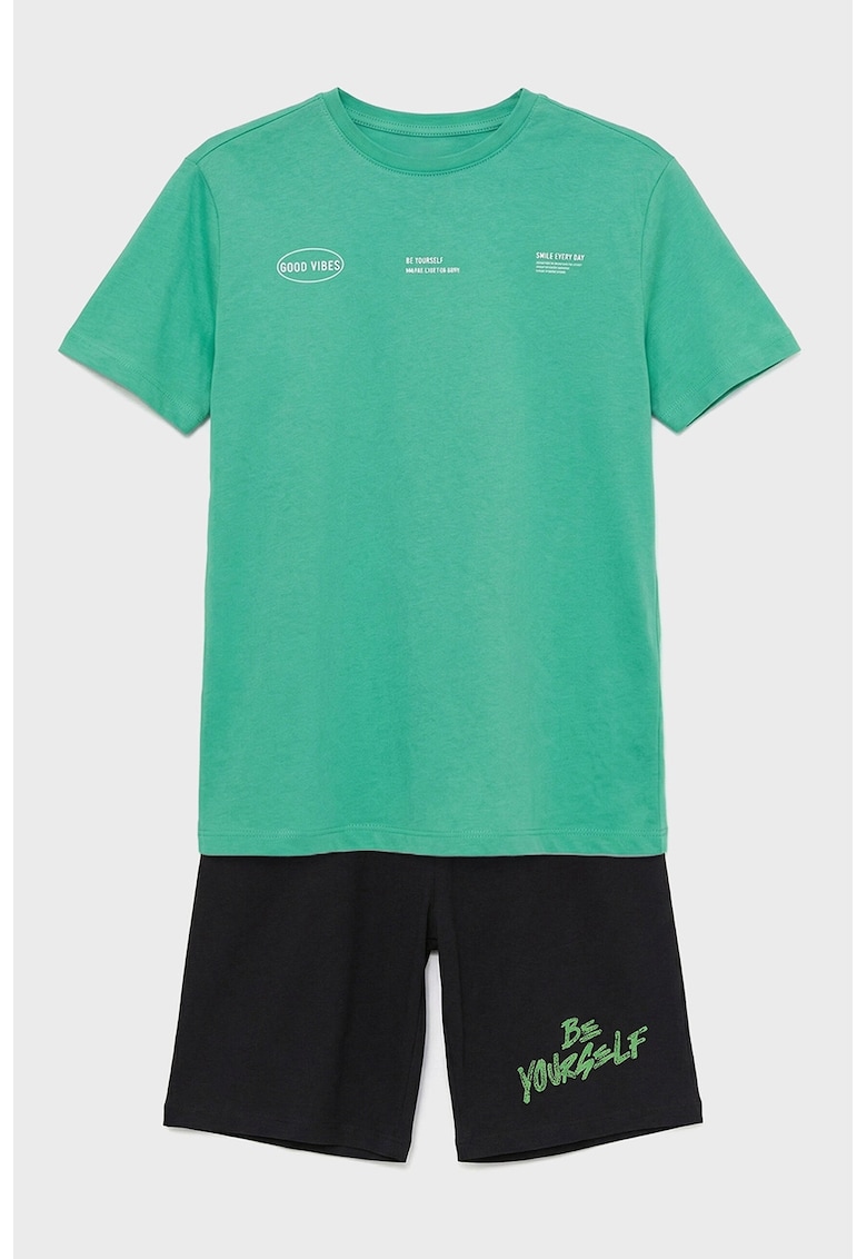 Pijama cu pantaloni scurti si imprimeu text - Verde/Negru