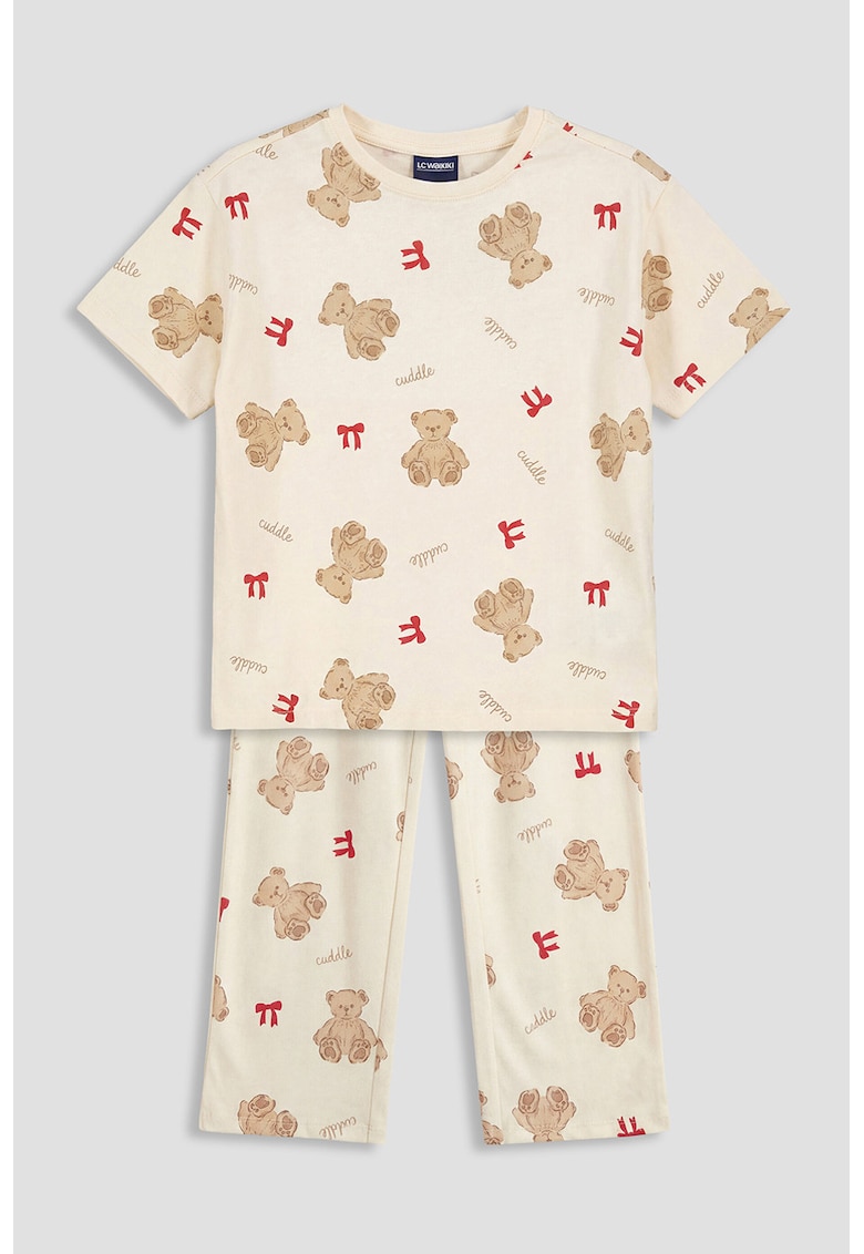 Pijama din bumbac cu imprimeu cu ursuleti - Rosu/Maro deschis/Piersica