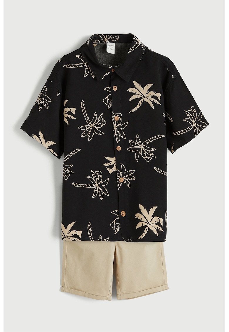 Set de camasa cu model tropical si pantaloni scurti - 2 piese - Negru/Bej