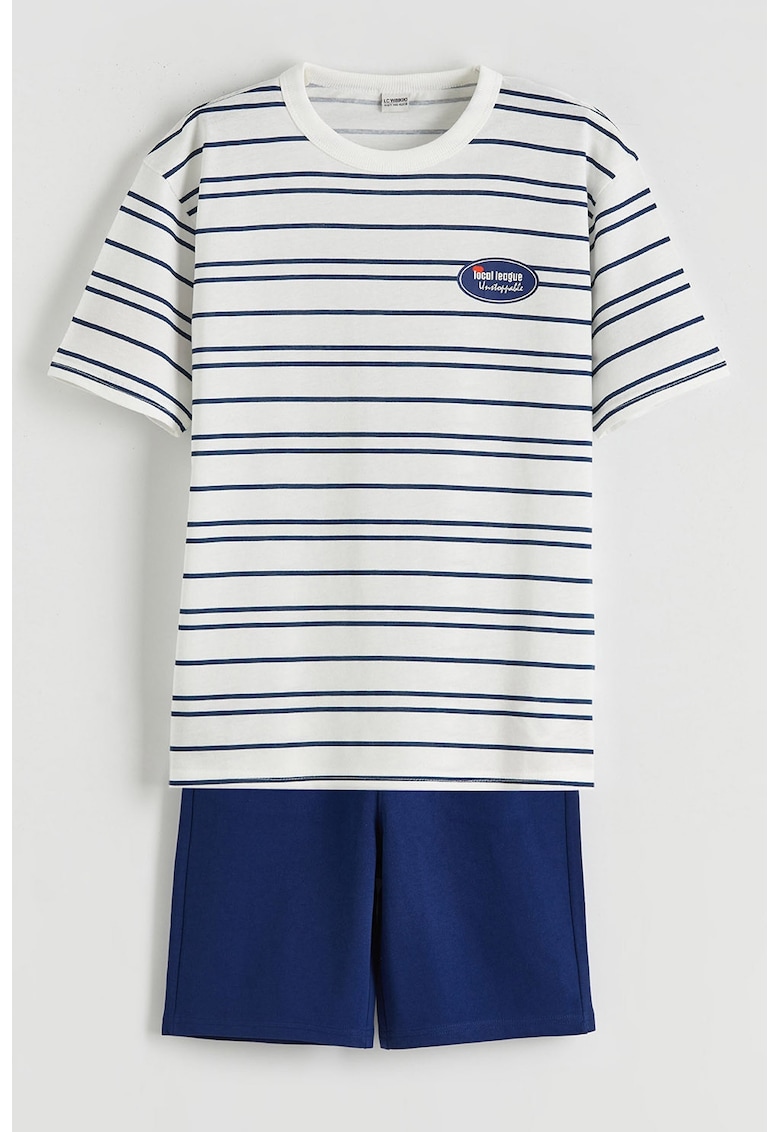 Set de tricou cu dungi si bermude - 2 piese - Alb/Bleumarin