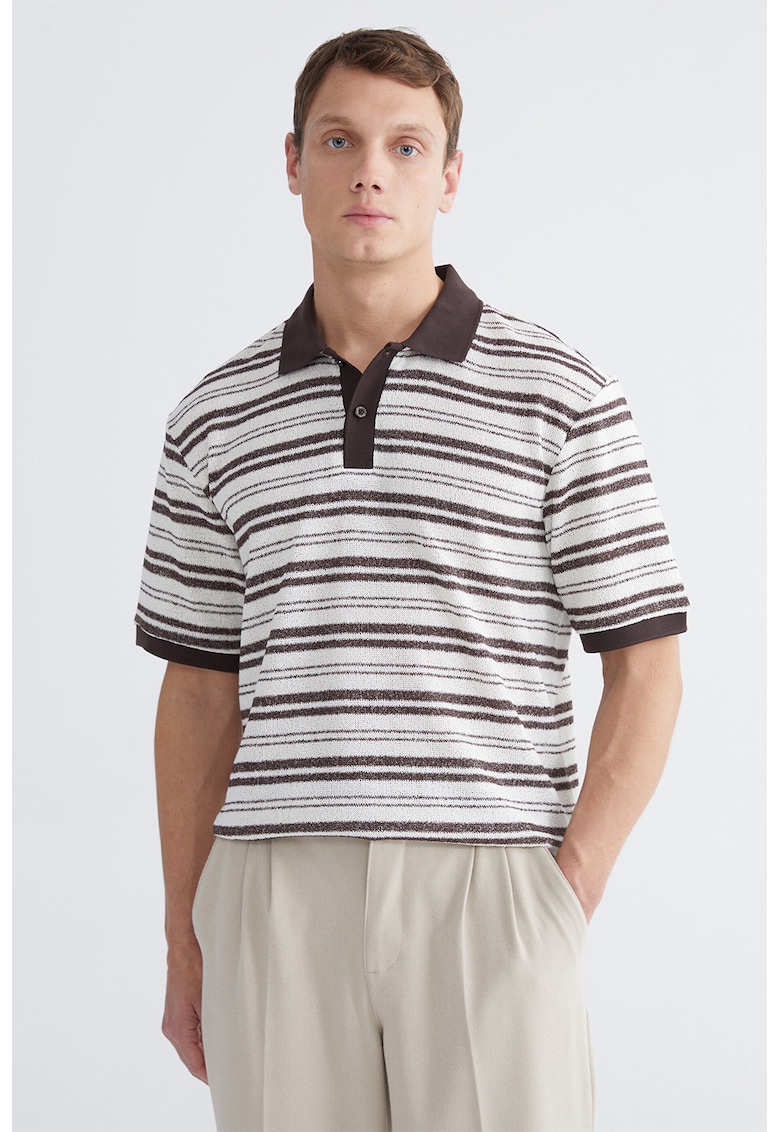 Tricou polo cu dungi - Alb/Maro