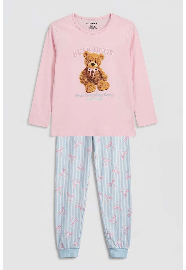 Pijama din bumbac cu pantaloni lungi si imprimeu grafic - Roz/Albastru