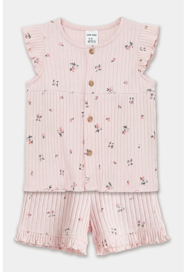 Set de tricou cu model floral si pantaloni scurti cu volane - 2 piese - Roz pastel