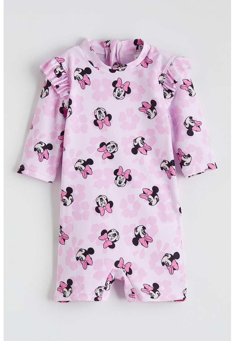Costum de baie cu model Minnie Mouse si volane - Roz pastel