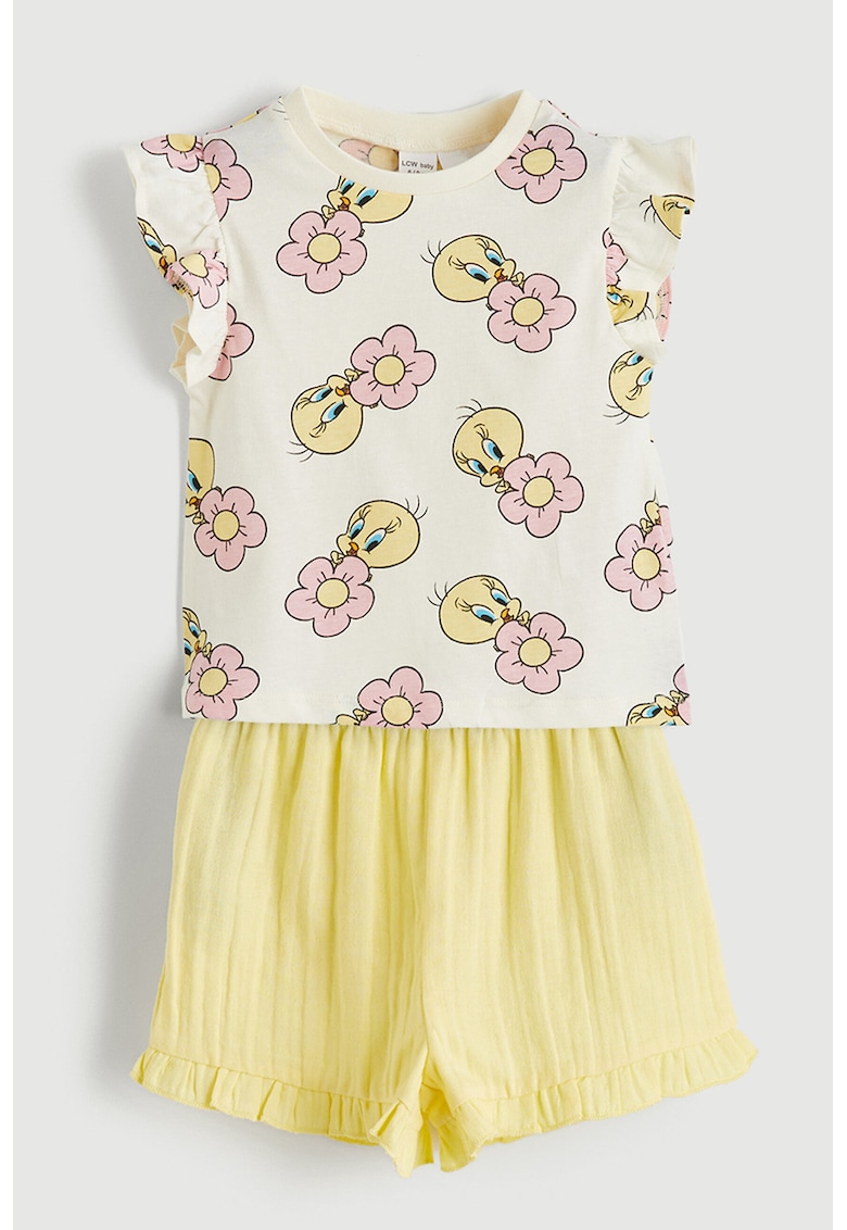 Set de tricou cu imprimeu floral si pantaloni scurti - 2 piese - Galben/Roz/Crem