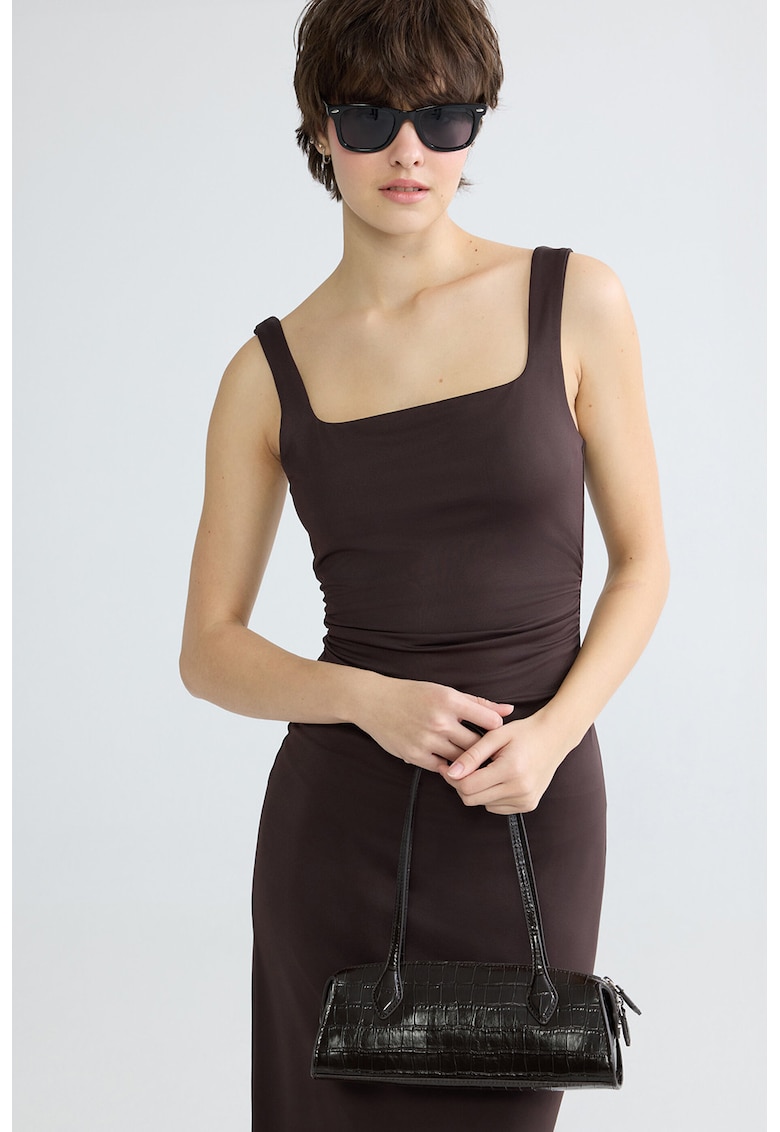 Rochie midi cu decolteu patrat - Maro inchis