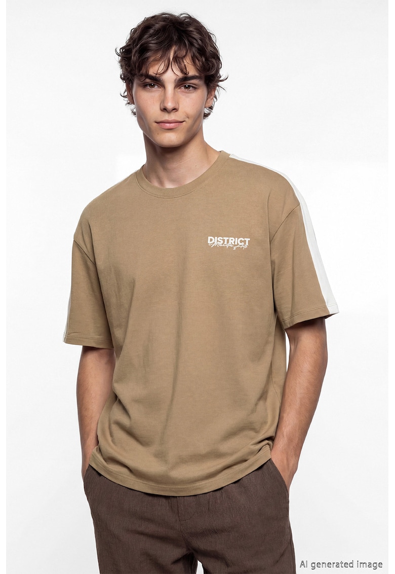 Tricou din amestec de bumbac cu decolteu la baza gatului - Maro camel