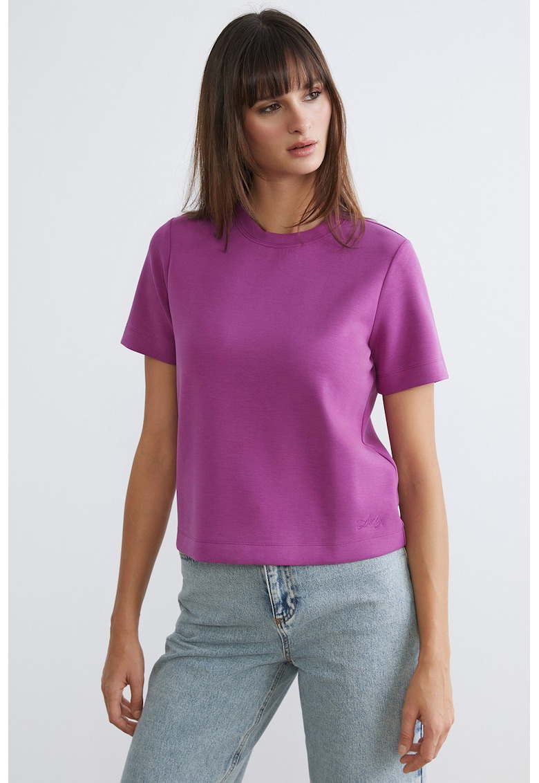Tricou din amestec de modal cu broderie discreta - Roz fandango