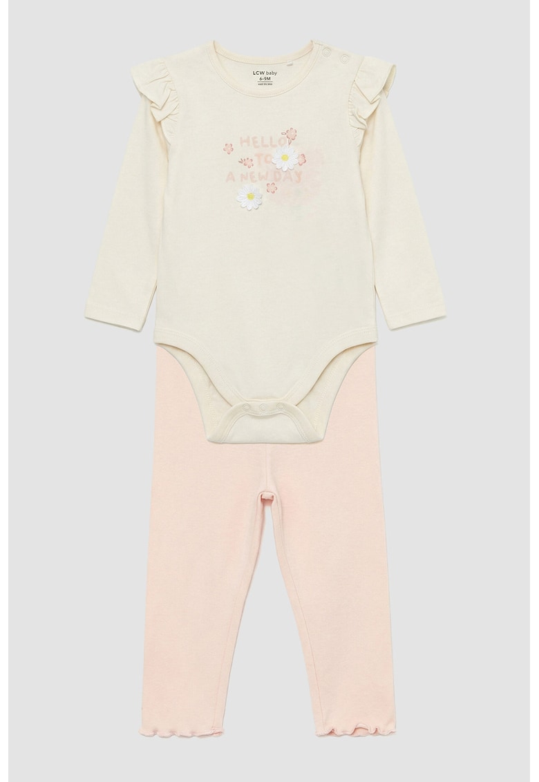Set de body de bumbac cu volane si colanti - Piersica/Crem