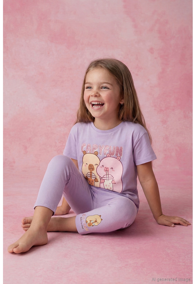Set de tricou si pantaloni cu imprimeu grafic - 2 piese - Violet