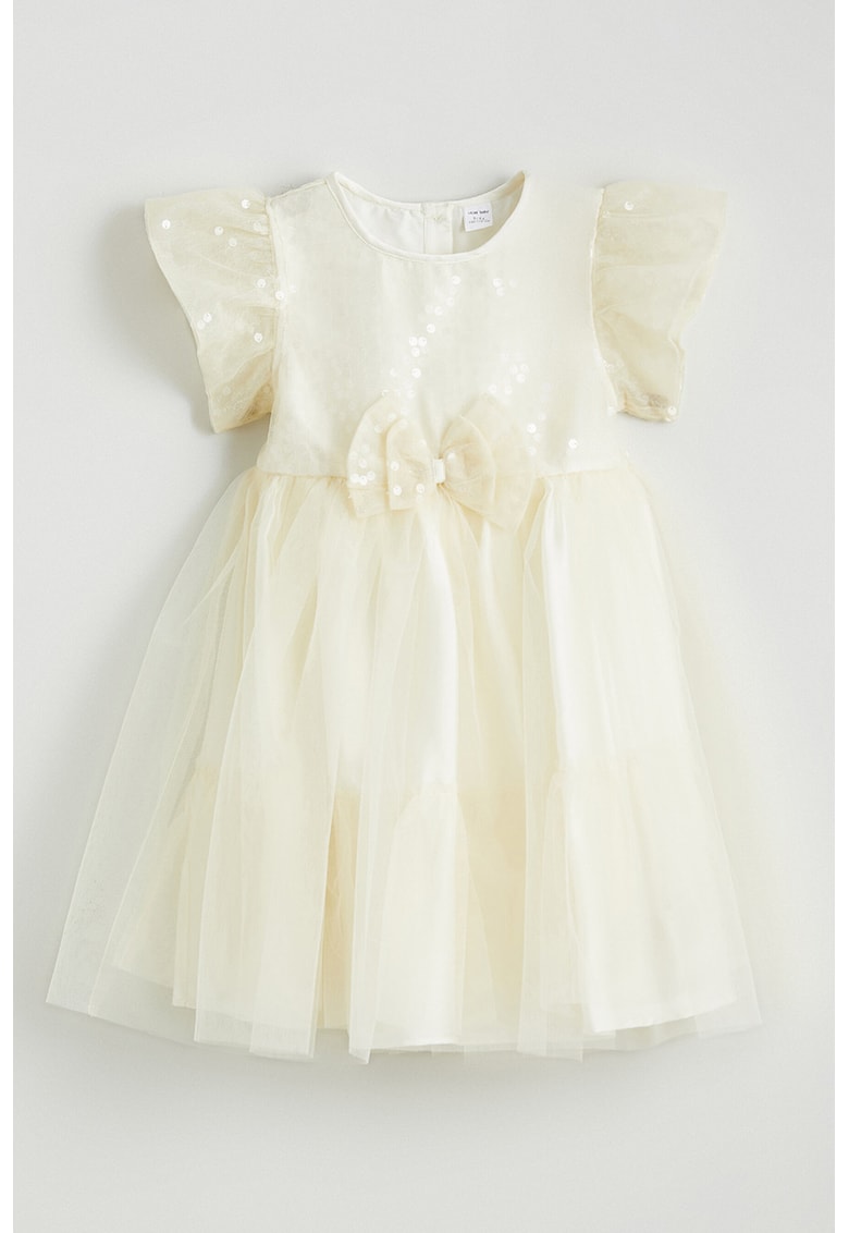 Rochie cu paiete si strat exterior din tul - Galben pal