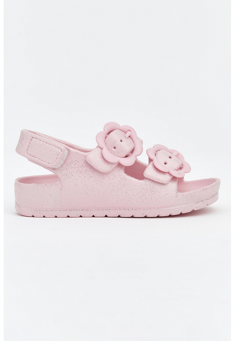 Sandale cu aspect stralucitor si velcro - Roz pastel