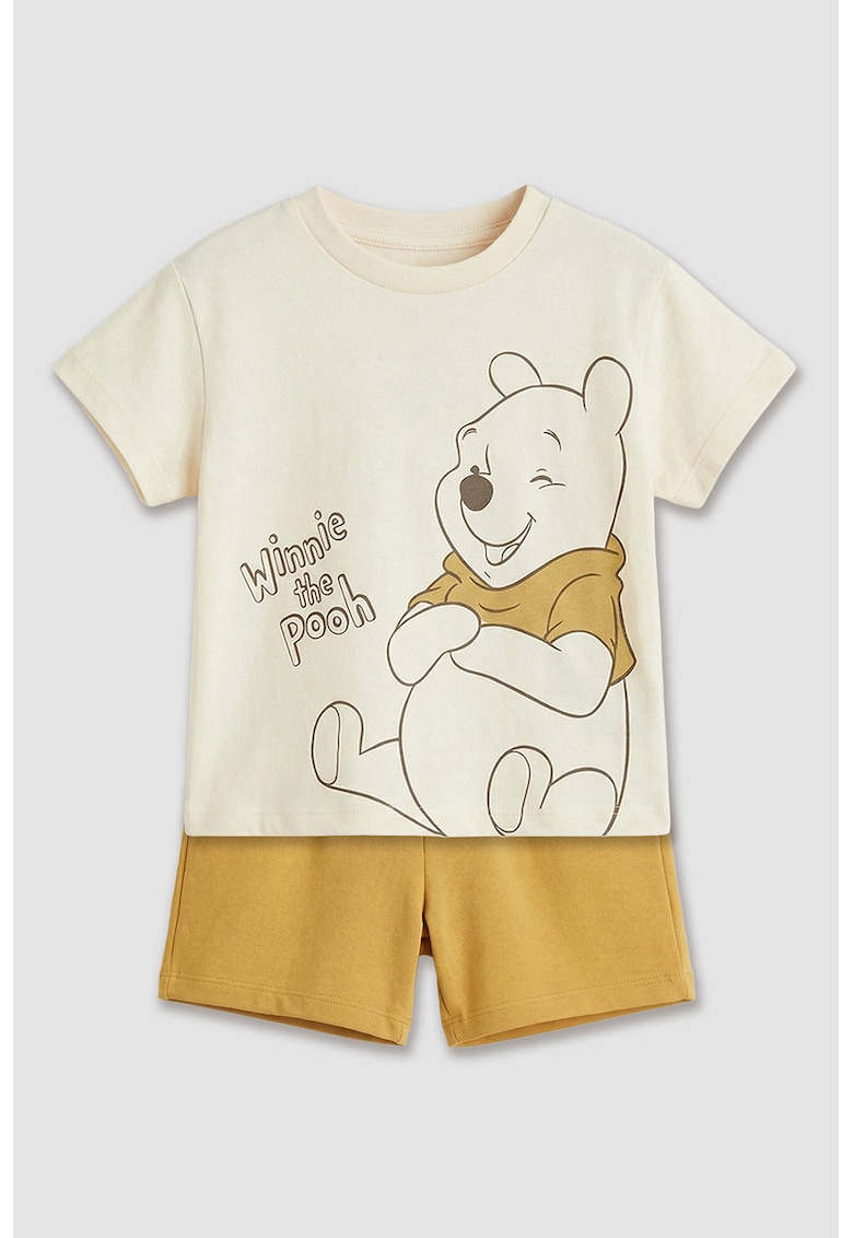 Set de tricou din bumbac cu model tematic desene animate si pantaloni scurti cu model uni - 2 piese - Bej/Galben mustar