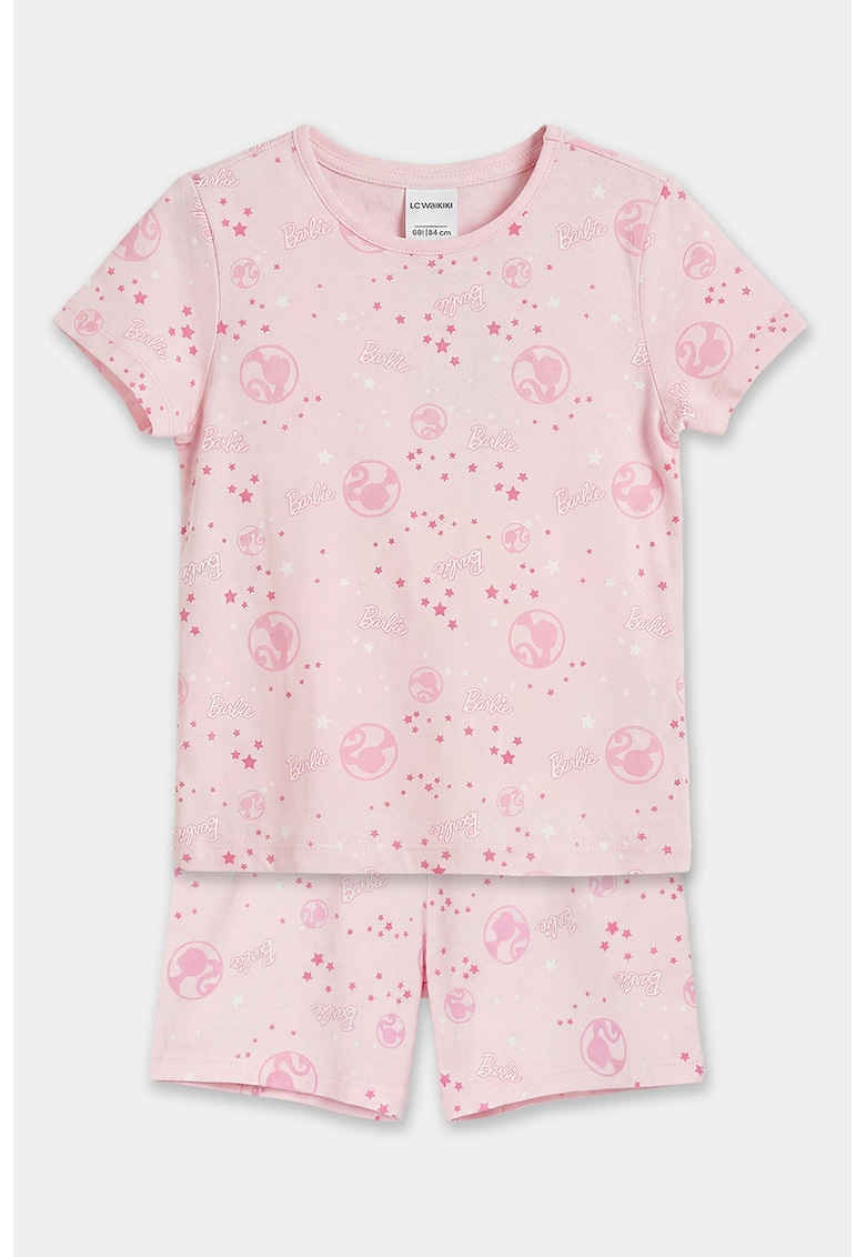 Pijama din bumbac cu model tematic Barbie - Alb/Roz pastel
