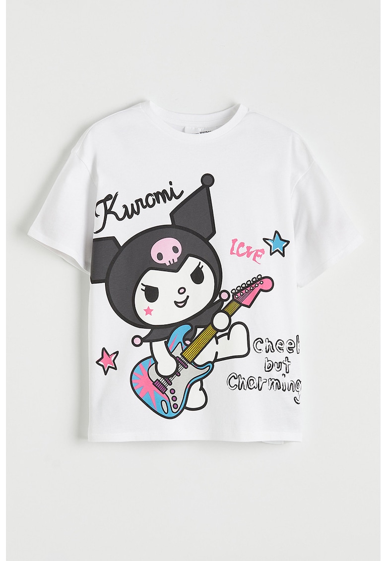 Tricou cu decolteu la baza gatului si imprimeu grafic - Alb/Roz pastel/Gri inchis
