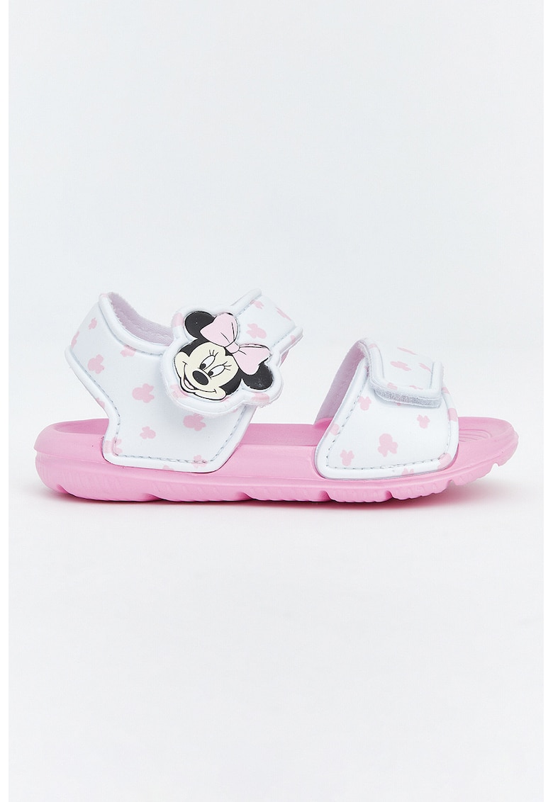 Sandale din piele ecologica cu imprimeu Minnie Mouse - Alb/Negru/Roz pastel