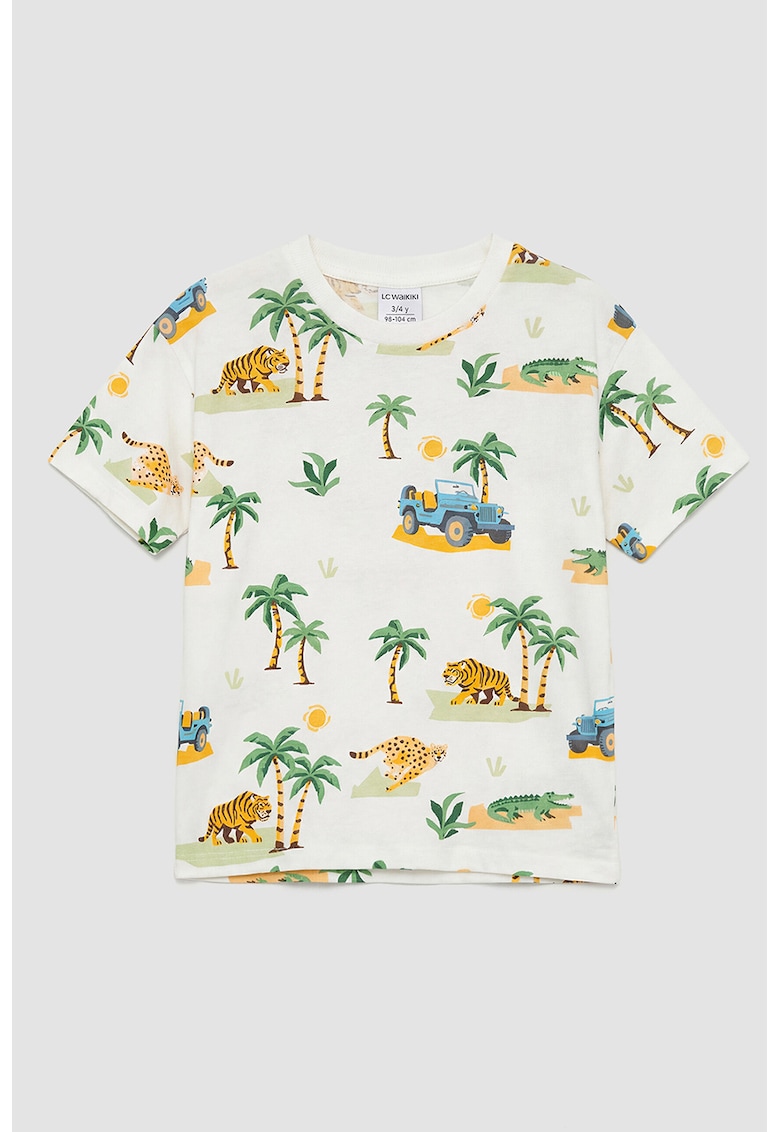 Tricou din bumbac cu decolteu la baza gatului - Alb/Verde/Portocaliu