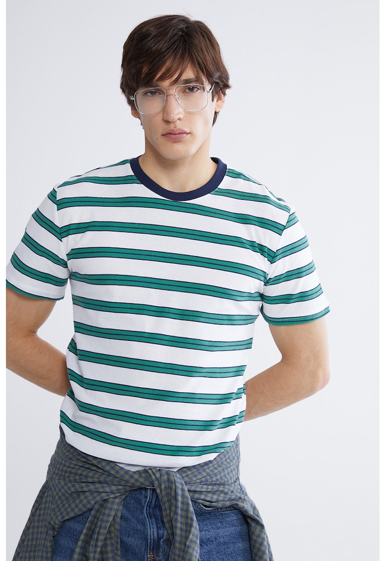 Tricou din bumbac cu dungi - Alb/Verde padure
