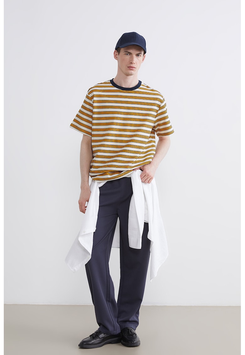 Tricou din bumbac cu dungi - Galben miere/Bej