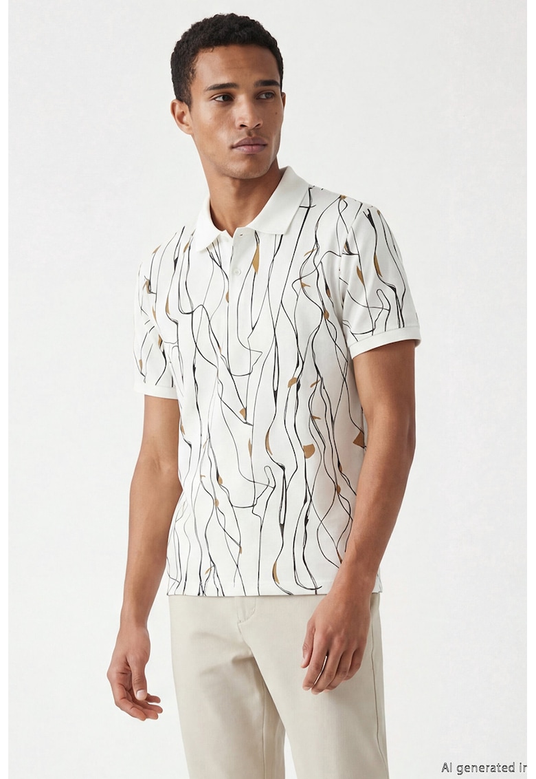 Tricou polo din bumbac cu imprimeu - Alb fildes/Negru