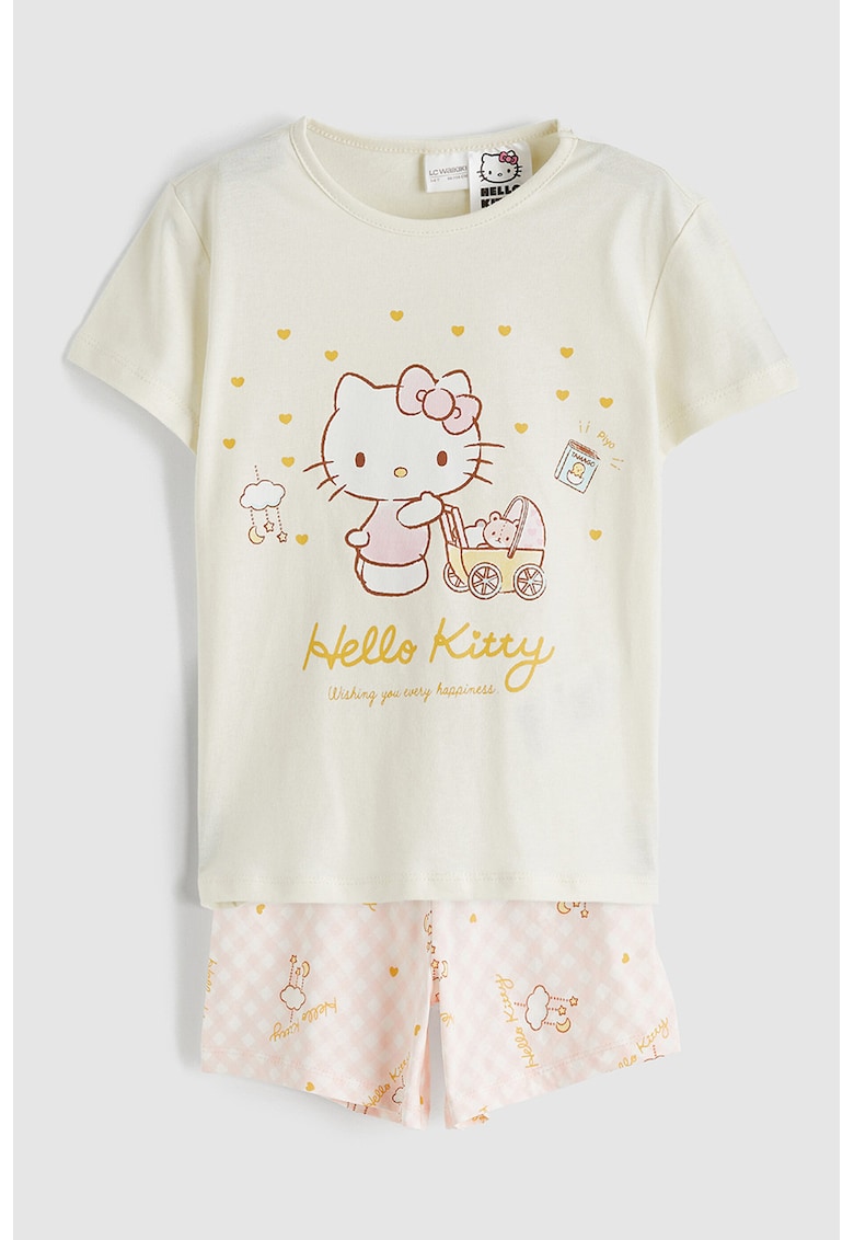 Pijama cu maneci scurte si imprimeu Hello Kitty - Galben pal/Roz pal
