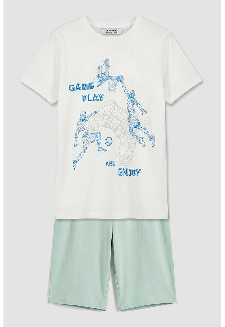 Pijama cu design grafic - Alb fildes/Verde pastel