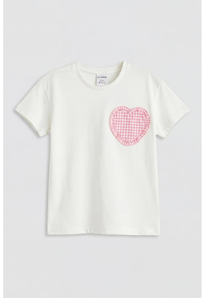 Tricou cu aplicatie inima - Alb murdar/Roz
