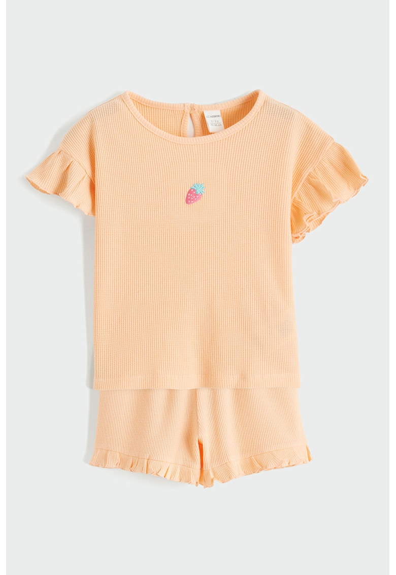 Set de tricou si pantaloni scurti din bumbac cu volane - Portocaliu deschis