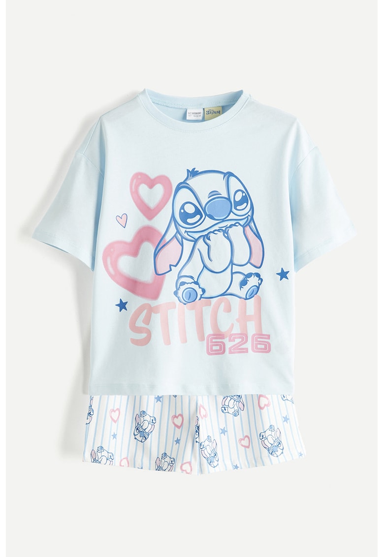 Pijama scurta din bumbac cu model cu Stitch - Roz pastel/Albastru glaciar