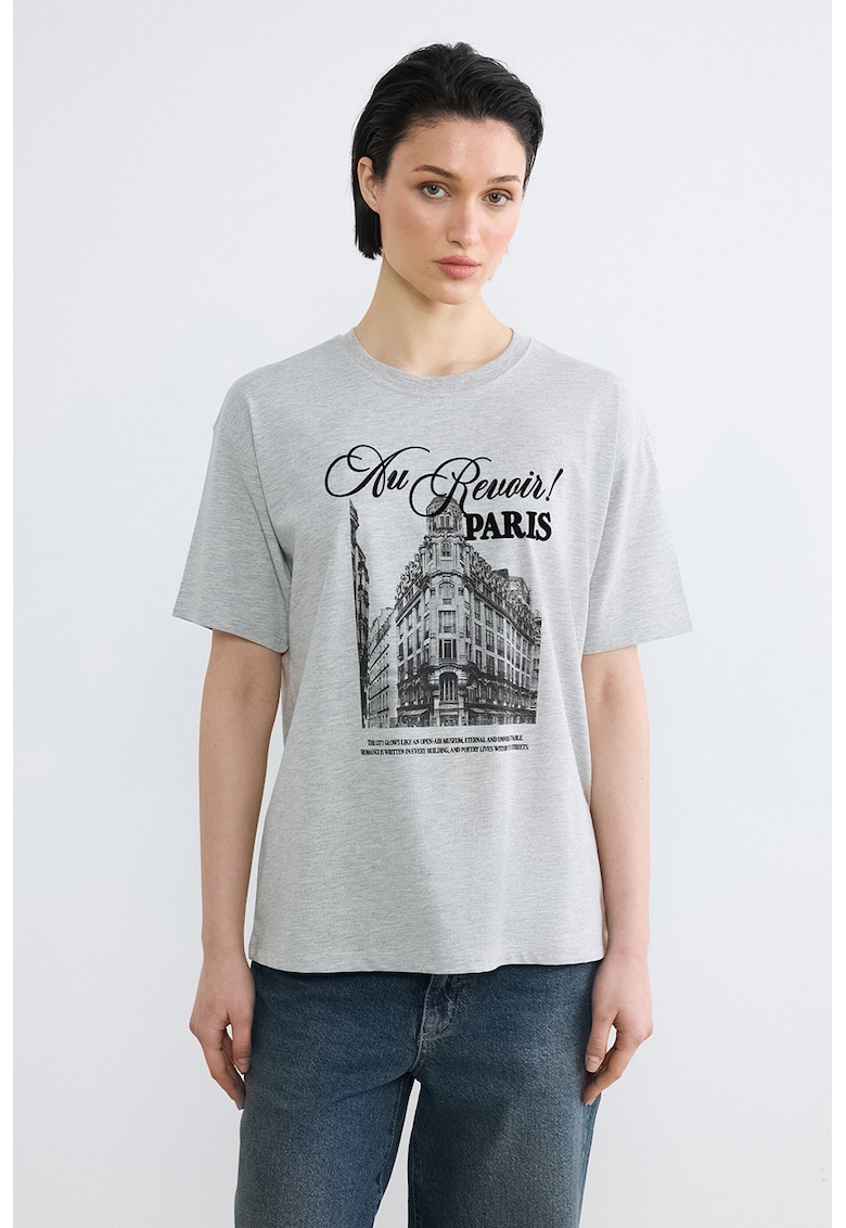 Tricou din amestec de bumbac cu imprimeu grafic - Negru/Gri melange
