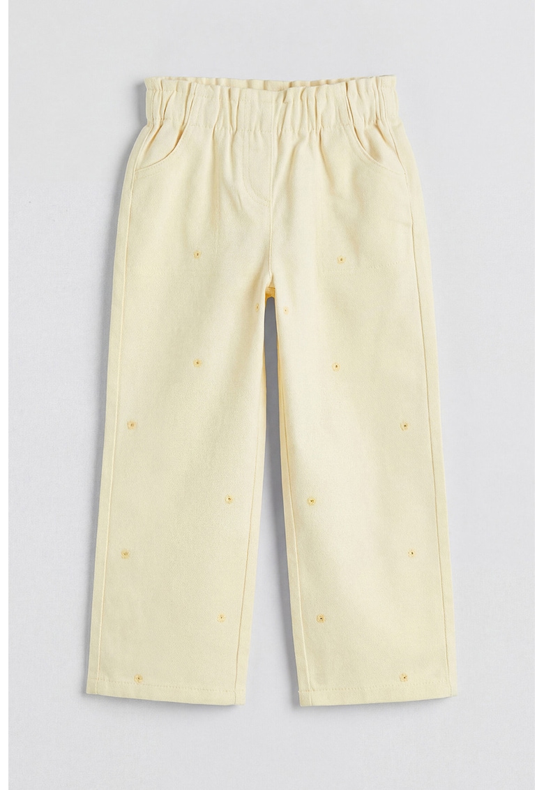 Blugi cu croiala ampla si broderie florala - Crem