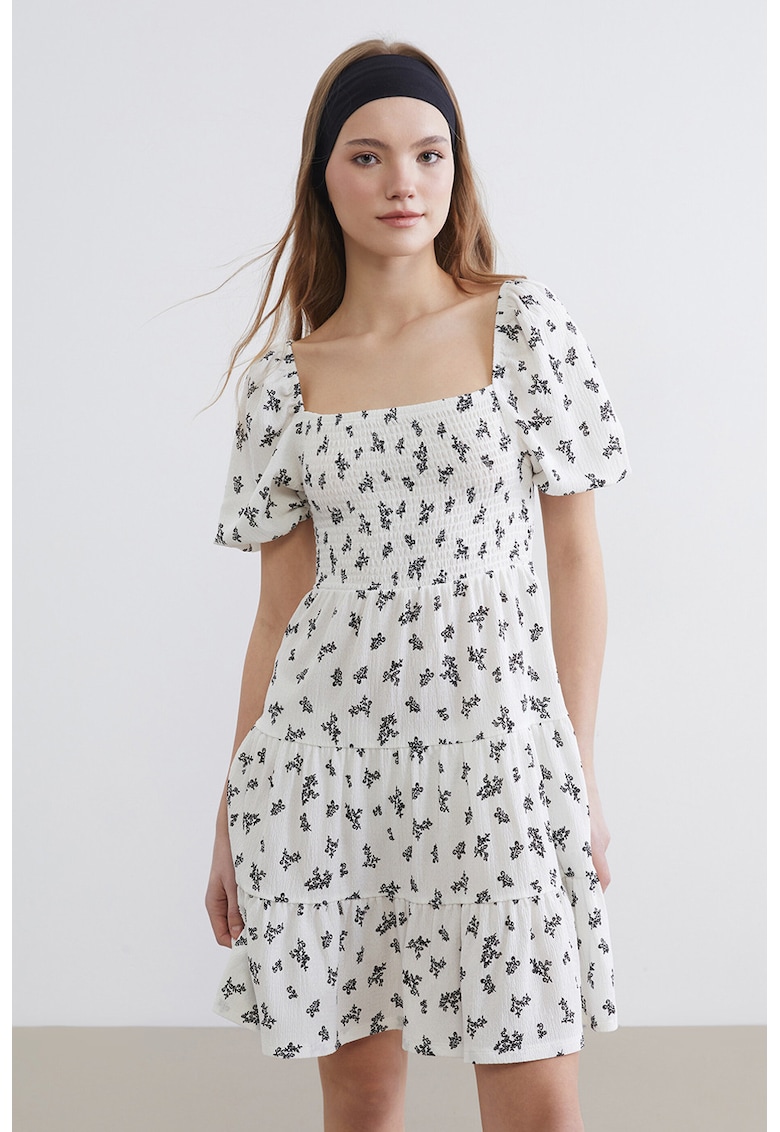Rochie scurta cu decolteu patrat si segment cu insertie elastica - Alb/Negru