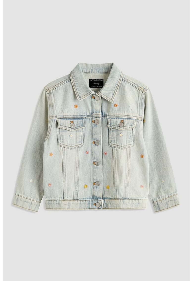 Jacheta din denim cu broderie florala - Albastru deschis melange