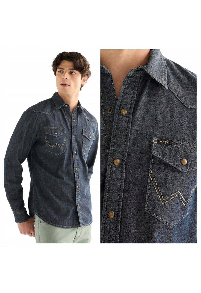 Camasa Barbati - Western Shirt - Regular Fit - Maneca Lunga - Denim Aspect - Stil Casual - Cu Nasturi - Bumbac - Albastru - Albastru