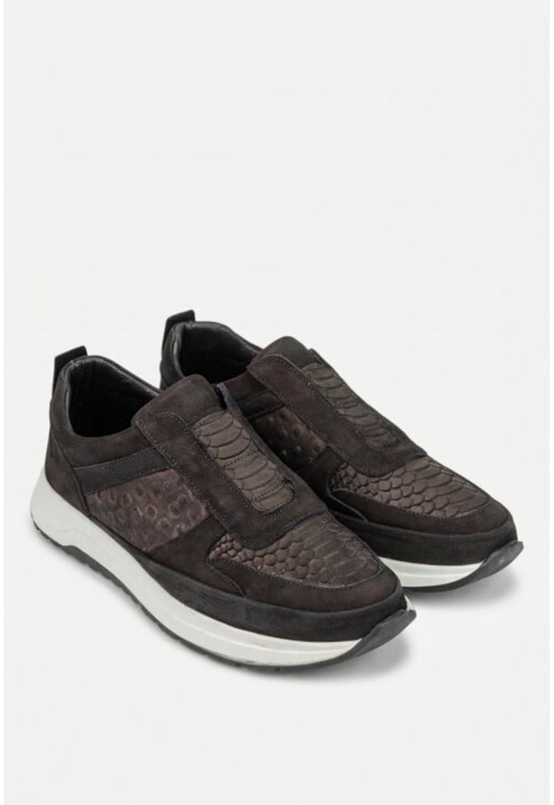 Pantofi barbati NUR din piele nabuc si croco neagra
