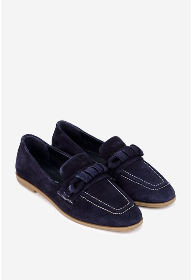 Pantofi dama bleumarin din piele intoarsa cu ornament