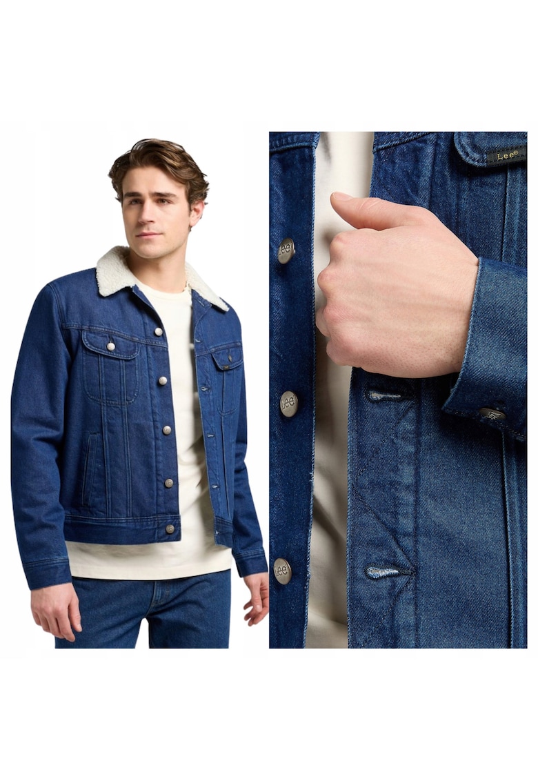 Jacheta Barbati - Sherpa Jacket - Regular Fit - Maneca Lunga - Cu Guler - Design Clasic - Denim Aspect - Bumbac - Albastru - Albastru