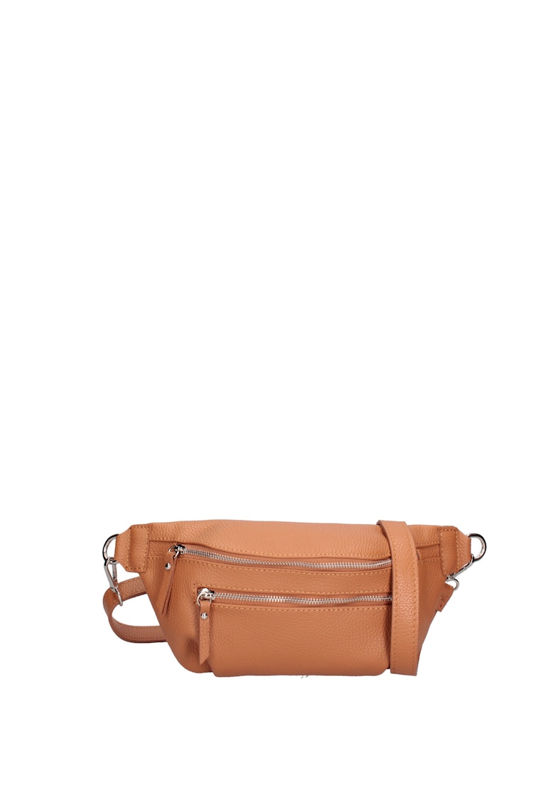 Borseta de piele cu buzunar frontal cu fermoar - Maro cognac