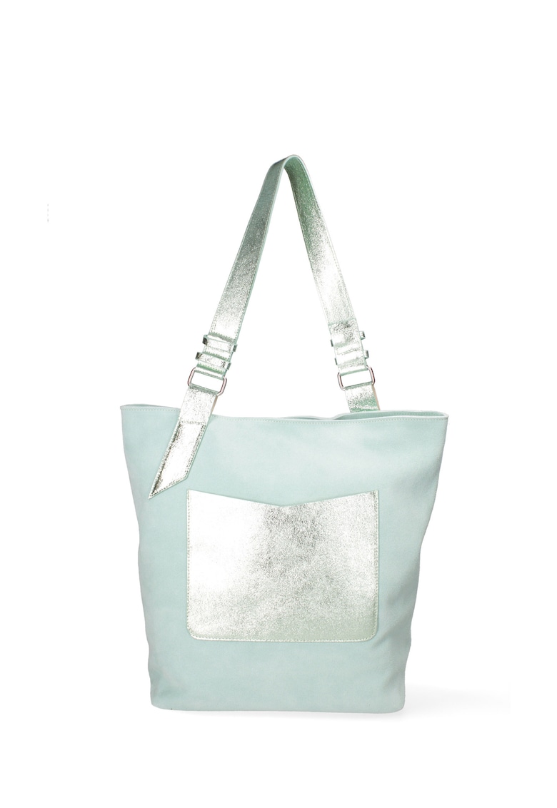 Geanta de piele intoarsa cu bareta de umar si apsect metalizat - Albastru aquamarin