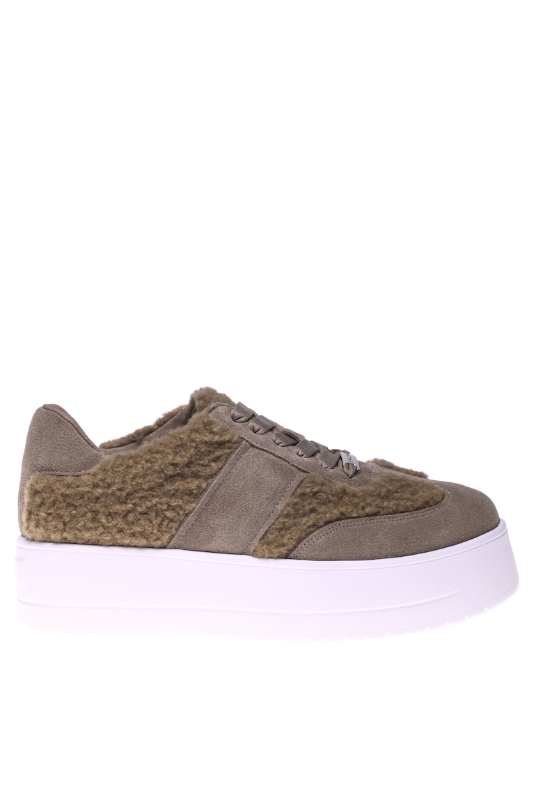 Pantofi sport flatform de piele intoarsa cu garnituri de blana shearling sintetica - Maro