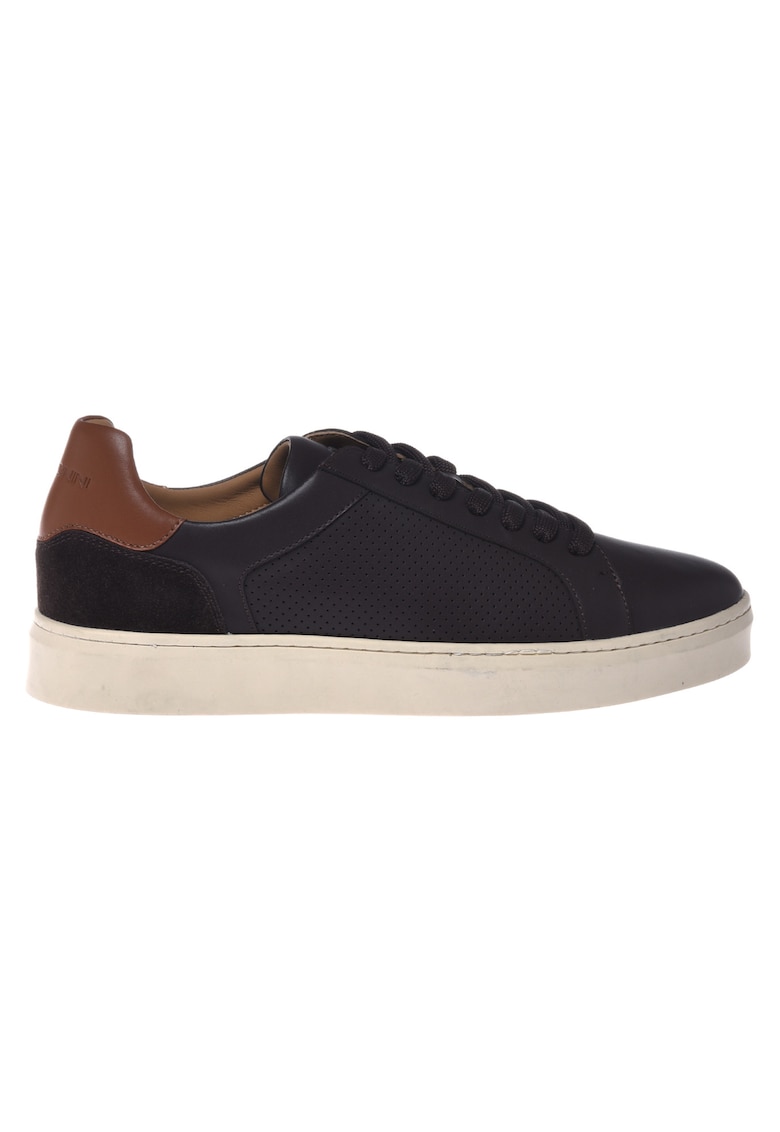Pantofi sport de piele cu garnituri de piele intoarsa si perforatii - Maro inchis