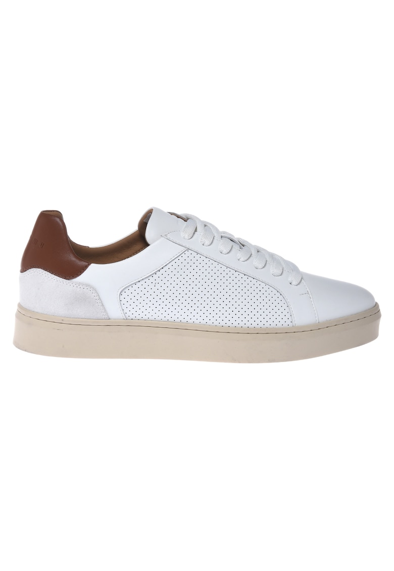 Pantofi sport de piele cu garnituri de piele intoarsa si perforatii - Alb